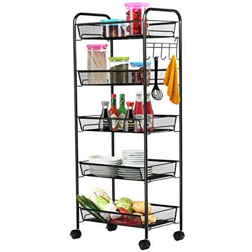 Giantex 5-Tier Storage Cart Rolling Trolley Organizer Utility Cart with Lockable Wheels, 5 Hooks, Mesh Shelves for Home Kitchen, Bathroom, Office and Bedroom (Black)