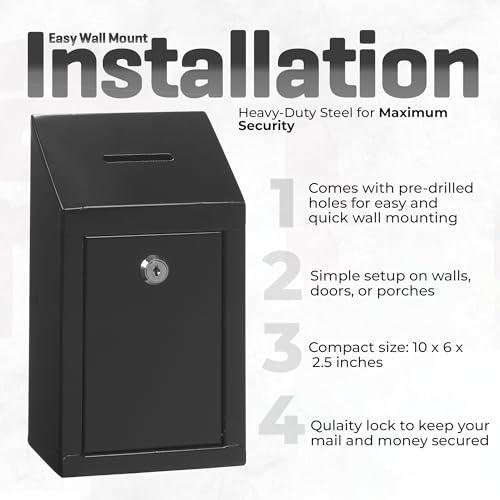 My Charity Boxes Wall Mount Metal Donation Drop Box with Lock, 10x6x2.5 Inches, Black