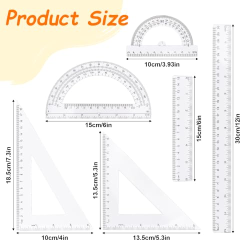 Transparent Plastic Ruler Math Set - 6'' & 12'' with Protractors & Triangle Rulers