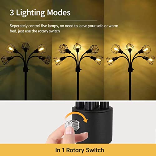 Floor Lamp, Industrial Floor Lamps for Living Room,Tree Standing Lamp Bright with 5 Charm Diamond Head 2000 Lumens Edison Bulbs LED,3 Way Switch,Modern Stand up Lamp for Bedroom Office Farmhouse