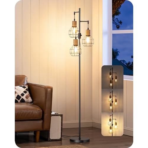 EDISHINE Dimmable Farmhouse Floor Lamp for Living Room, Industrial Black Standing Lamp with 3 LED Edison Bulbs, Corner Rustic Rattan Tall Tree Reading Lamps Home Decor for Bedroom, Office