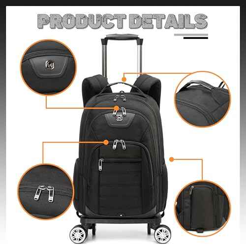 Rolling Laptop Backpack for Men Carry on Luggage Roller Backpack with Wheels Removable Wheels and Trolley Black Wheeled Backpacks for Travel Airline Approved