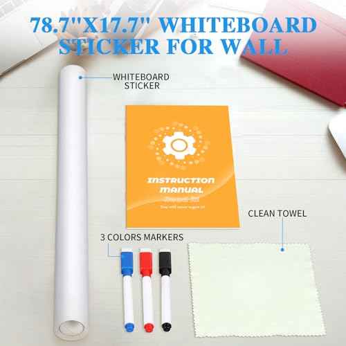ZNCMRR 78.7"x17.7" Whiteboard Sticker for Wall White Board Contact Paper Dry Erase Wallpaper with 3 Markers Adhesive Poster Board Whiteboard for School Office Home Kids Drawing
