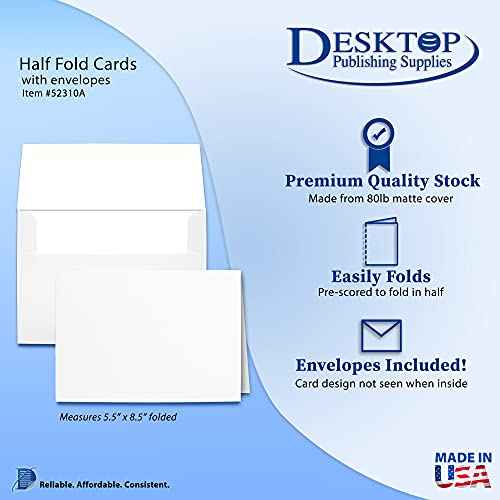 Desktop Publishing Supplies 80lb White Half Fold Greeting Cards & Envelopes - Paper Measures (11" X 8 1/2") and Half Folds to (5 1/2" X 8 1/2") - 100 Cards with Envelopes, Inc.¢â Brand