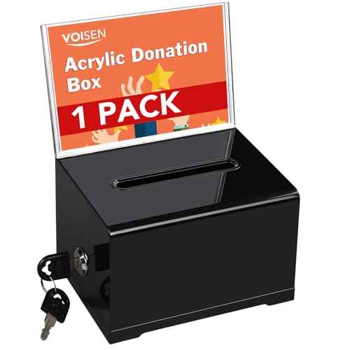 VOISEN Acrylic Donation Box with Lock, Black Tip Jar with Sign Holder, Suggestion Box for Fundraising, Donation, Bar, School Voting, 6.2x4.6x3.9 Inch
