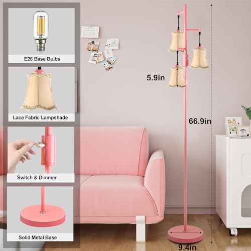 Lightdot 66IN Dimmable Floor Lamp for Living Room, Industrial 3-Light Tree Floor Lamps with LED E26 Bulbs Included, Mid Century Floor Lamp with Fabric Flower Lampshades for Bedroom HOM Office-Pink