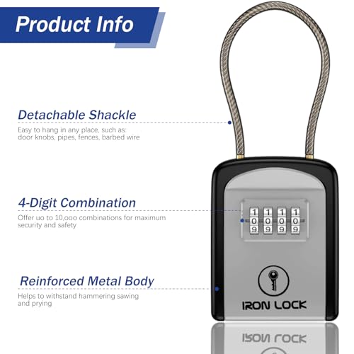 Iron Lock Key Lock Box with Code - Small Grey Portable Cable Shackle