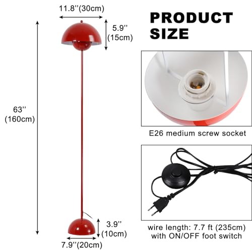 COSYLUX Modern Floor Lamp for Living Room, Industrial Tall Standing Lamp for Bedroom, Metal Shade Reflecting Light Reading Floor Lamp for Office, Nursery Room, Corner(Dark Red)