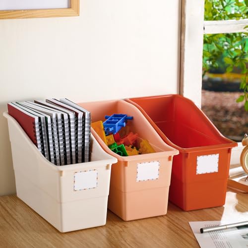 Suzile 6 Pcs Book Storage Bins with Labels Plastic Boho Folder Magazine File Holder Interlocking for Office Classroom Home book Organizer Container (Classic Colors)