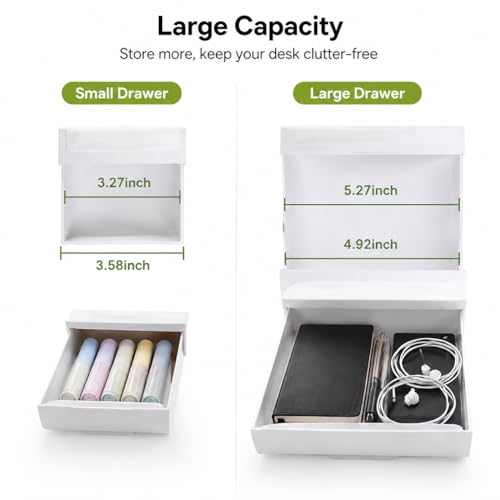 YOOUSOO White Under Desk Drawer Organizer 2 Pack - Small & Large Self-Adhesive Storage Drawers for Office & Home
