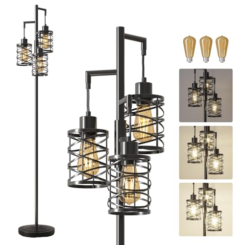 Oneach 70" Industrial Floor Lamp, Stepless Dimmable Standing Lamp with 3 Bulbs, Farmhouse Corner Standing Tree Lamp for Living Room, Tall Lamps for Bedroom, Office, Study Room, Dining Room, Black