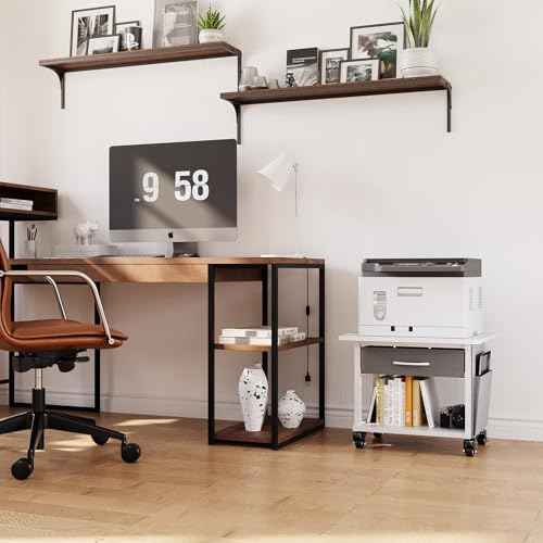 2 Tier Printer Stand with Storage Drawer - Under Desk Rolling Printer Cart for Home Office, Small Printer Table with Industrial Locking Wheels fit Fax Machine/Scanner (White)