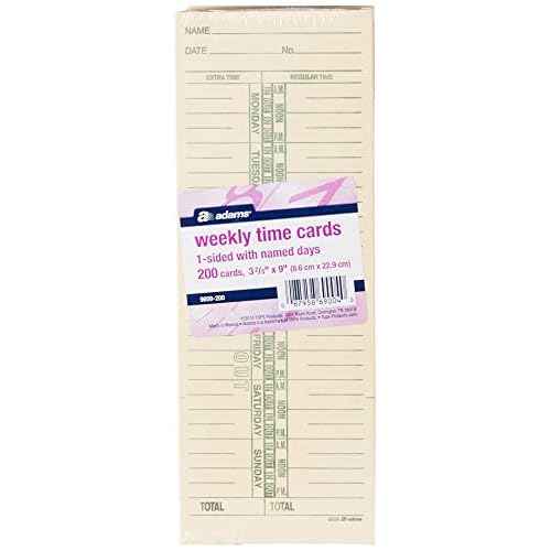 Adams Time Cards, Weekly, 1-Sided, Named Days, 3-3/8" x 9", Manila, Green Print, 200-Count (9659-200)