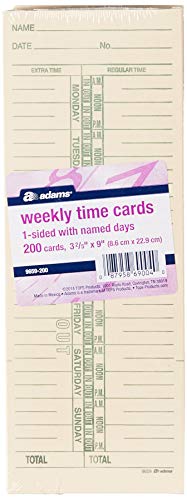 Adams Weekly Time Cards 3-3/8" x 9" – 200 Manila Cards with Green Print, Named Days