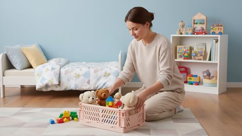 Pastel Plastic Storage Crates Set of 4 - Foldable Colorful Organizer Baskets for Bedroom, Office & Home (Pink, Blue, Green, Yellow, Medium)