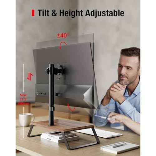 Monitor Riser for 12-27 Inch LED/OLED Screen, Landscape to Portrait Rotation and Height-Adjustable VESA Monitor Stand up Load 22lbs, Desktop Stand with Wooden Base, Walnut