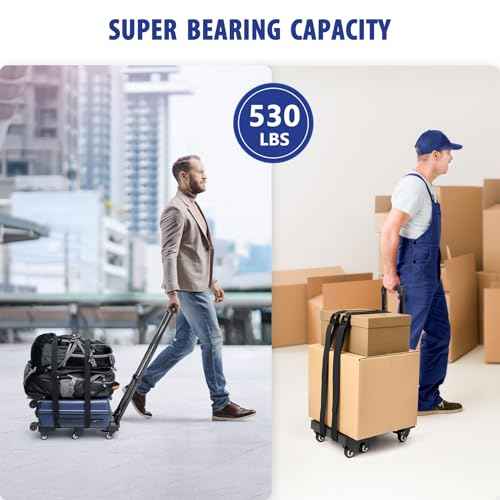 KEDSUM Folding Hand Truck with 6 Wheels(2 with Brake), 530 LBS Heavy Duty Collapsible Dolly Cart, Car Seat Dolly with 2 Lashing Straps for Airport, Travel, Moving, No Assembly Required, Black