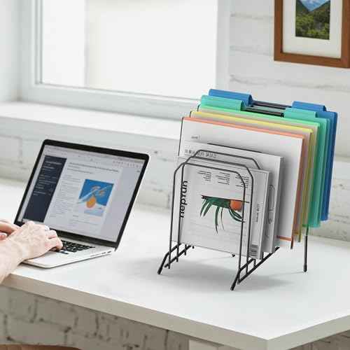 Incline Sorter Desk File Organizer, Metal Desk Magazine Folder Holder with 8-Section Vertical Compartments Rack File Organizer for Office, Home, School (Black, 4Pack)