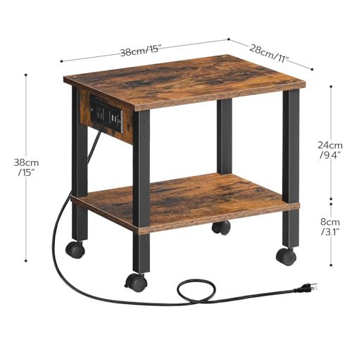 HOOBRO 2-Tier Printer Stand with Charging Station, Under Desk Printer Table, Printer Cart with Storage Shelves, Shelf for Small Spaces, for Home Office, Rustic Brown and Black BF38UPS01