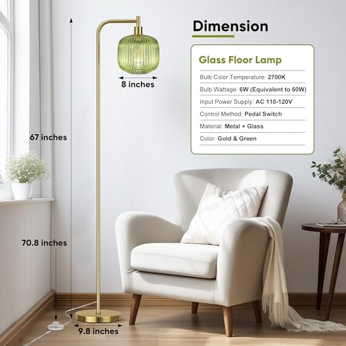 QiMH Glass Floor Lamp for Living Room, Modern Standing Lamp with Ribbed Glass Lampshade Pedal Switch, 67¡± Tall Lamp for Bedroom Study Room, Brushed Gold (2700K LED Bulb Included)