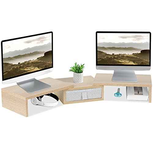 TEAMIX 3 Shelf Monitor Stand Riser with Drawer-Length and Angle Adjustable Dual Monitor Riser with Storage Corner Desk Shelf Organizer Large Computer Stand for 2 Monitors/Laptop (Maple, 1 Drawer)