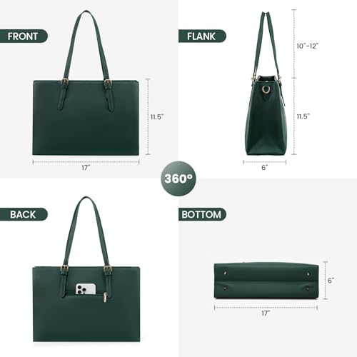 LOVEVOOK 17.3-inch Laptop Bag for Women, Large Capacity Travel Tote Bag with Clutch Purse 2PCs Set, Professional Business Computer Work Bag, Leather Shoulder Briefcase for Office Lady, Deepgreen