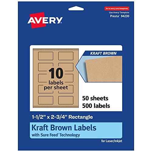 Avery Kraft Brown Rectangle Labels, Sure Feed Technology, 1.5" x 2.75", 500 Kraft Brown Labels, Print-to-The-Edge, Laser/Inkjet Printable