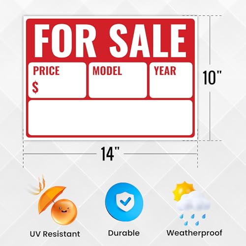 Venicor 2-Pack Car For Sale Signs 14x10 Inches Weatherproof Plastic Model Year 14x10