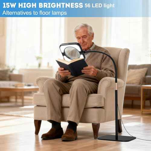 10X Large Floor Magnifying Glass with Light and Stand, 54 LED Flexible Gooseneck Floor Magnifying Lamp, Hands Free Lighted Magnifiers for Close Work, Sewing, Crafts, Hobbies, Puzzle, Painting - Black