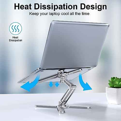 LIENS Adjustable Laptop Stand with 360 Rotating Base, Aluminum Laptop Riser for Desk Foldable, Ergonomic Notebook Stand Holder Compatible with iPad and MacBook/All Laptops up to 16 inches - Silver