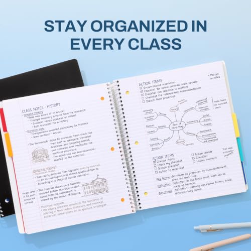 SUNEE Black College Ruled Notebook 400 Pages, 9x11 with 5 Dividers & 3-Hole Punched