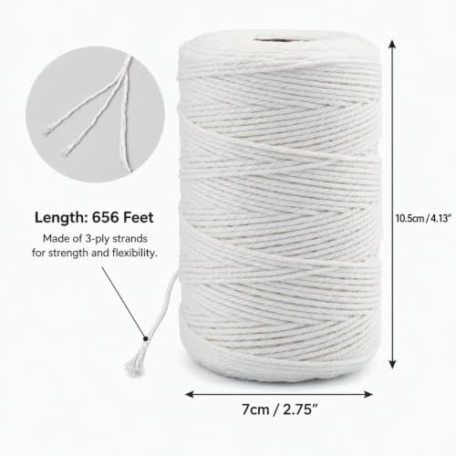 Cotton Butcher’s Twine String 656 ft (200 m) 2 mm – White, Food Safe, for Cooking & Wrapping