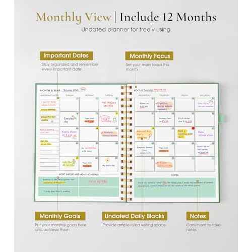 Undated Weekly and Monthly Planner, B5 Large Weekly To Do List Notebook with Goal & Habit Tracker Organizer, Hardcover Spiral Bound Blank Monthly Planner for Work School Home 7.4" x 9.64" Green
