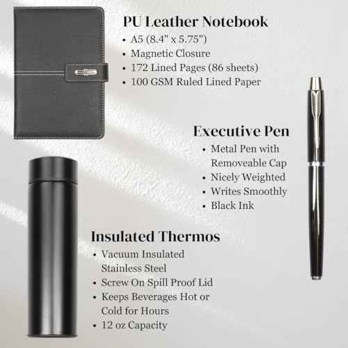Shadow Breeze A5 Leather Notebook, Insulated Thermos and Executive Pen Gift Set in Premium Gift Box, 172 Pages 100GSM Ruled Pages, 12 oz, Great Gift for Business, School, Home (Black)