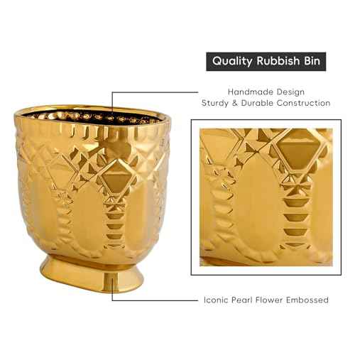 Modern Golden Trash Can, Ceramic Waste Container Garbage Receptacle Bin for Bathrooms, Powder Rooms, Kitchens - Stylish Wastebasket Garbage Can for Home & Office