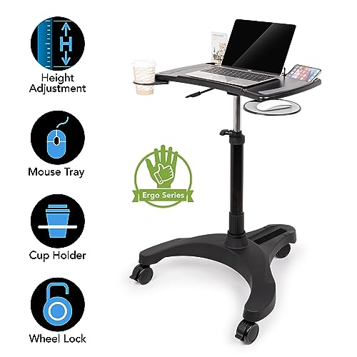 Pro Desk Mobile Laptop Cart on Wheels with Storage — Height Adjustable Sit/Stand, EHO