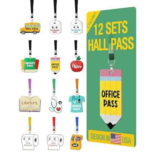 12Pcs Cute Acrylic Hall Passes for Classrooms with Lanyards, Durable Bathroom Passes for Classrooms, Nurse, Office, Library Passes, Teacher Essentials for Classroom Organization