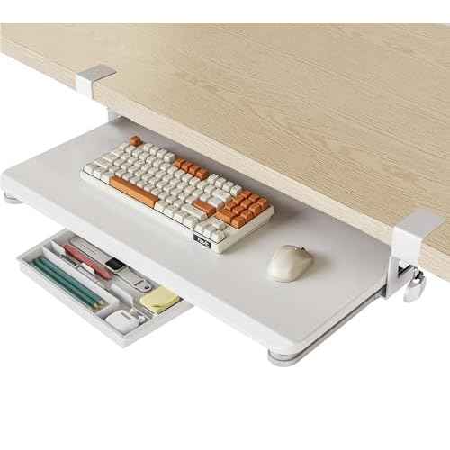 Fenge Keyboard Tray Under Desk, Pull Out Keyboard & Mouse Tray with C Clamp Mount, Sliding Keyboard Holder for Desk, 25.6 x 11.8 inch Large Slide-Out Platform Computer Drawer for Typing, White
