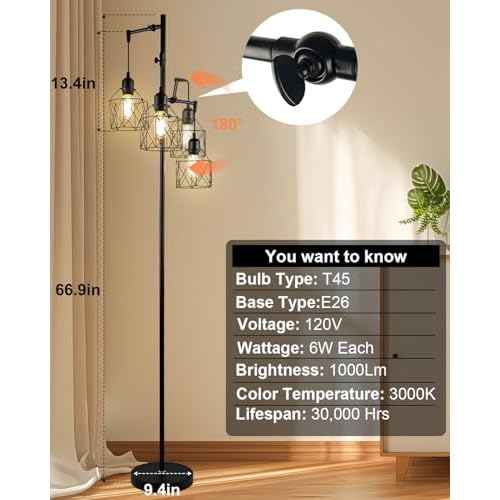 Lightdot 67IN 3-Light Floor Lamp for Living Room, Dimmable Tree Floor Lamp with Black Elegant Cages, Industrial Standing Tall Lamps with E26 LED Bulbs Included, Farmhouse Rustic lamp for Bedroom-Black