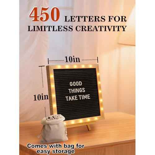 Changeable Felt Letter Board with LED Lights - 10¡¿10" Message Custom Signs & Wood Stand & 450 Letters, Poster Board for Christmas/Pregnancy/Baby Announcement/Classroom Wall Decor Gifts, Black