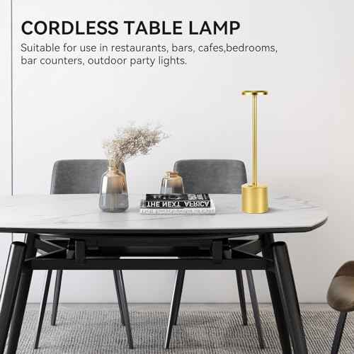 Rechargeable LED Wireless Touch Desk Lamps Set of 2, 5000mAh Battery Operated Lamp, 3 Color Modes with Memory Function and Stepless Dimming Desk Lamp for Restaurant/Bedroom/Terrace (Gold)