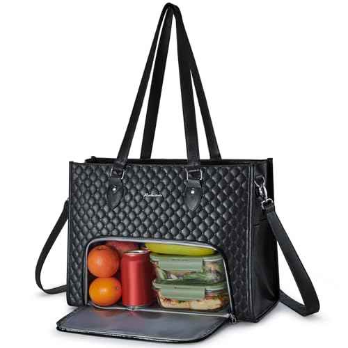 Laptop Tote Bag with Insulated Lunch Compartment for Women, PU Leather 15.6 Inch Work Bag, Elegant Computer Handbag, Versatile Business Tote for Office,Travel or Casual-Classic Black