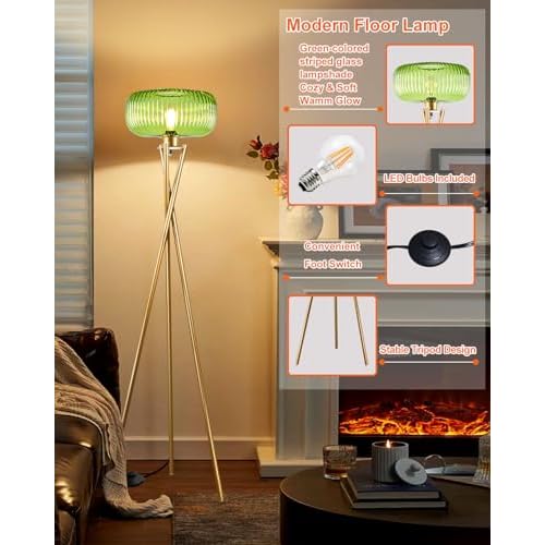 Lightdot Glass Tripod Floor Lamp for Living Room, Modern Gold Standing Lamp with Green Ribbed Glass Lampshade, Arc Tall Lamp for Bedroom Office Reading Room, (LED Bulb Included)