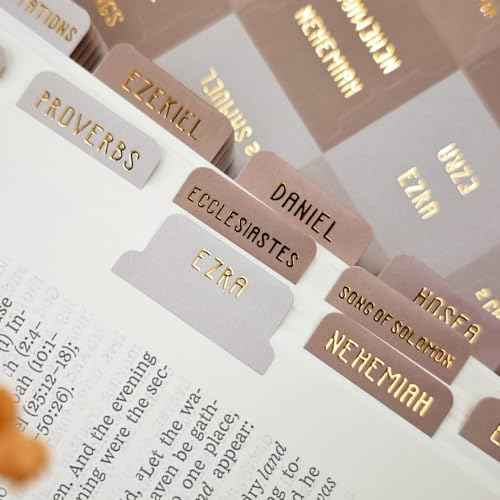 Laminated Bible Tabs, Bible Study Supplies, Large Print Bible Book Tabs for Women and Men, (Gold Foil Embossed Lettering) Bible Labels Index Tabs, Bible Accessories for Easy Navigation (Khaki)