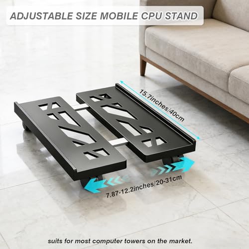 Hmfmdy Black Adjustable Mobile CPU Stand with Locking Casters, Under-Desk Computer Tower Cart
