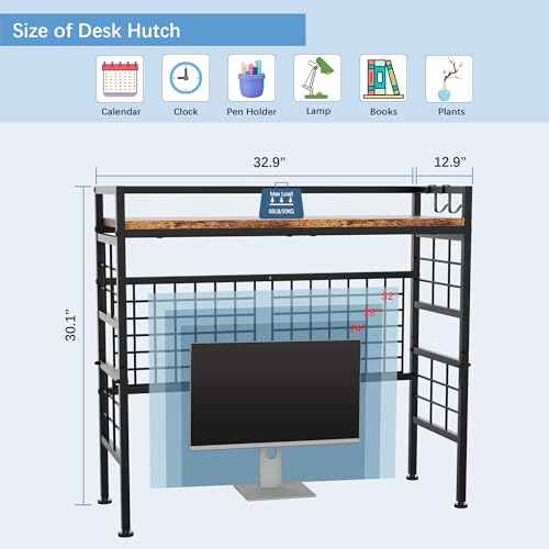 GIOTORENT 2-Tier Metal Desk Hutch with Grid Panel, 32.9" Wide Desk Shelf for Top of Desk, Industrial Style Countertop Storage Rack & Desktop Bookshelf for Office & Dorm, Rustic Brown