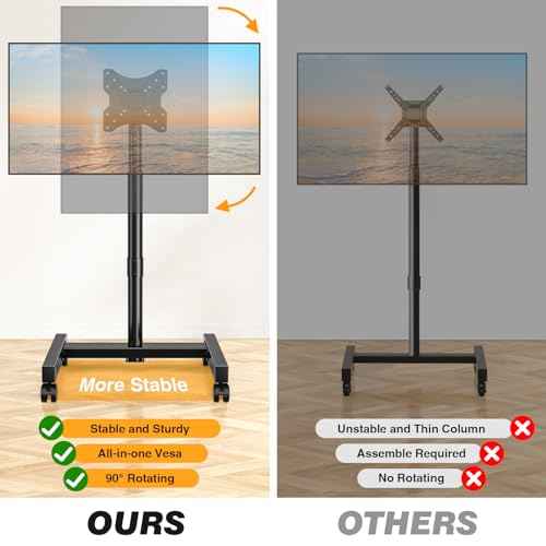5Rcom Rolling TV Stand, Mobile TV Cart for 13-50 Inch Flat Curved TV with Tilting and Rotating, Portrait to Landscape, Height Adjustable Portable TV Stand with Wheels for Home/Office/Outdoor/Mall