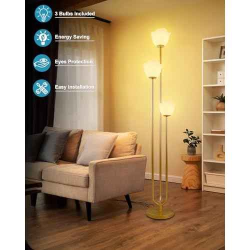 Lightdot 63IN Floral Floor Lamp 3-Lights Flower LED Floor Lamps with 3000K Warm White Bulbs with Candle Holder Style for Wedding Party Modern Gold Tall Floor Lamp for Living Room/Bedroom