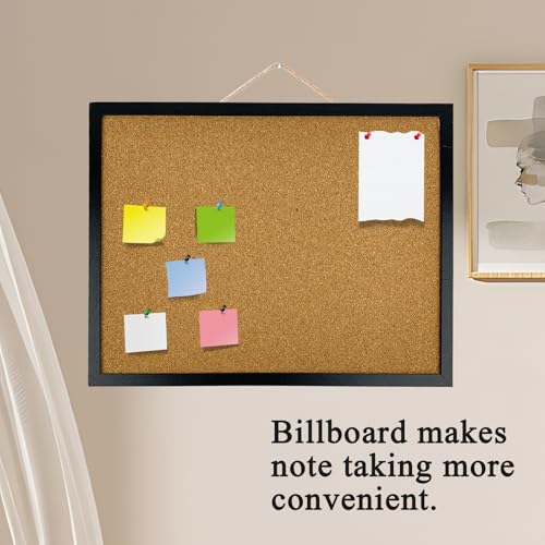 Black Cork Bulletin Board 17.7 x 13.3 Inches with Oak Wood Frame, Wall Mount Office Home School