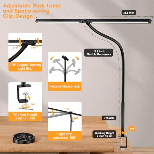 Black Pzloz LED Desk Lamp with Clamp, 24W, 5 Color Modes, Adjustable Light for Office & Home